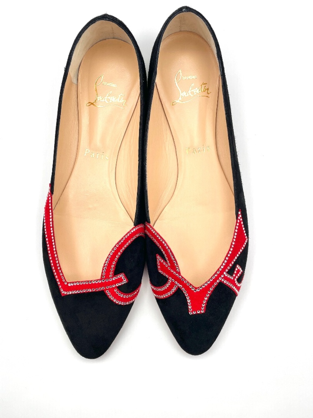 Christian Louboutin 7.5M, New Love Strassy Flats, Crystal Studded Blk & Rd Suede